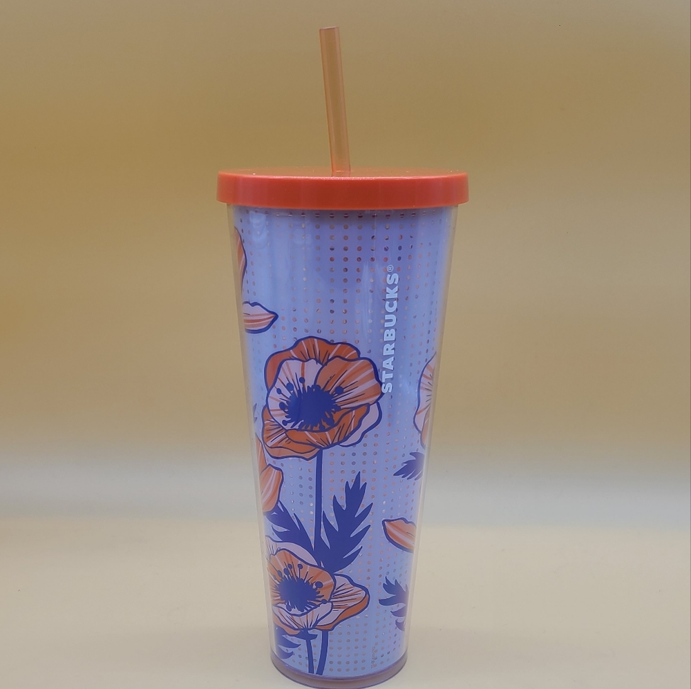 Starbucks Poppy Floral Flower Cold Cup Tumbler Venti 24oz Lid And Straw
